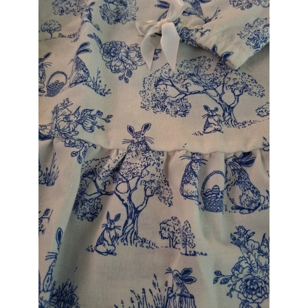 Gymboree Girls XS (4) White/Blue Bunny Toile Shirt Dress Collared Long Sleeve
